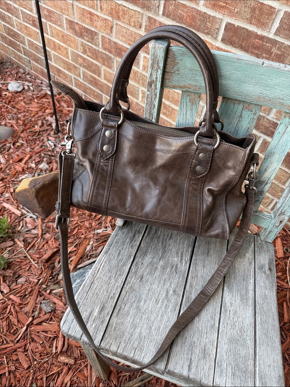 Frye Washed Brown Leather Melissa Satchel Handbag w/Xbody Strap